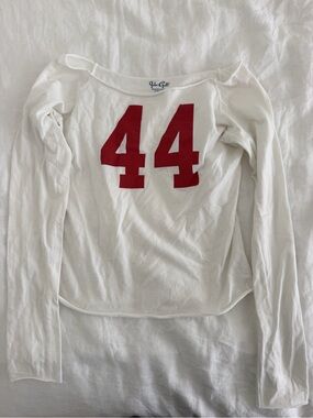Brandy Melville White Long Sleeve Tee with Red '44' Graphic